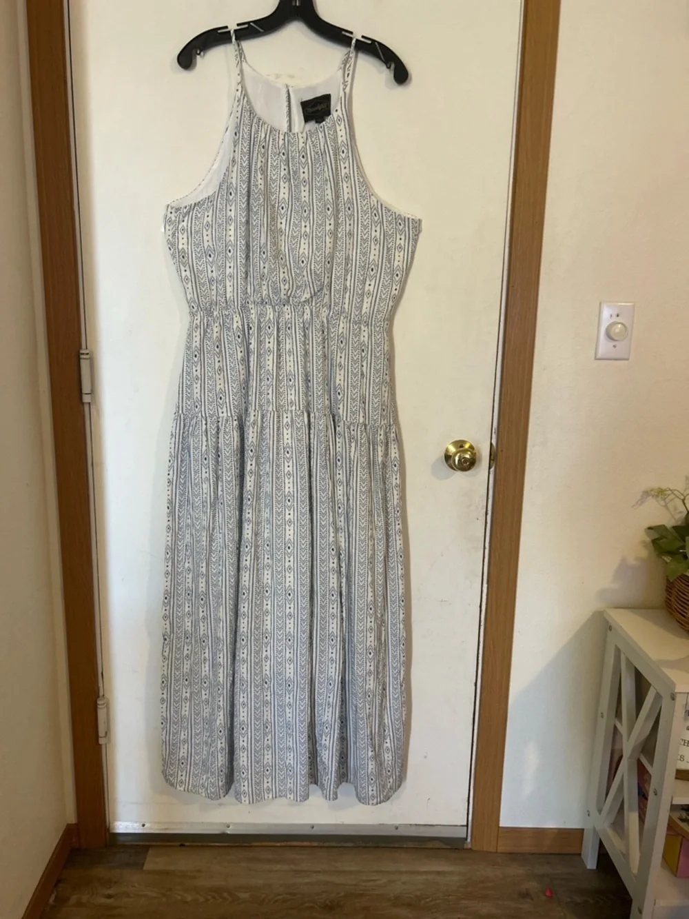 Threadgrit Lynette Blue & White High Neck Southwestern Print Maxi Dress Large